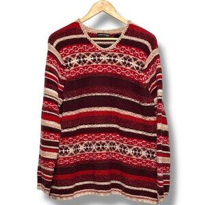 Vintage 90s Red Tan Chunky Knit Striped Wool Blend V-neck Sweater Womens Size XL